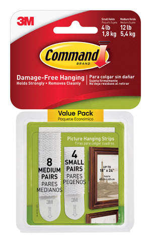 3M Command Picture Hanging Strips, 4 Lb To 12 Lb, Foam, Pack of 12, White