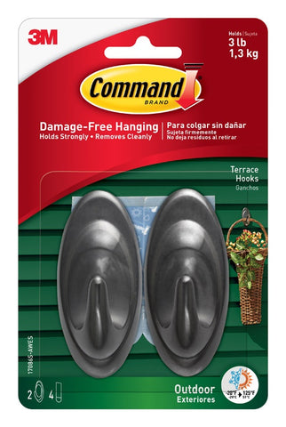 3M Command Terrace Hooks, 3.25'', 1.3 Kg Capacity, Pack of 2, Plastic, Slate Color, Outdoor