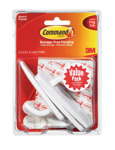 3M Command Utility Hooks, Large, Capacity 2.2 KG, White, Pack of 3