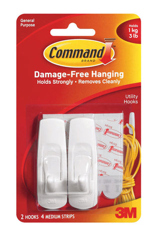 3M Command Utility Hooks, Medium, 3-7/8 in. L, Plastic, Pack of 2, Capacity 3lb.