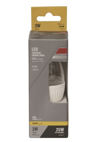 LED Bulb Torpedo Candelabra, 3 Watt, E14 Clear, 200 Lumens, Warm White, 220-240 V