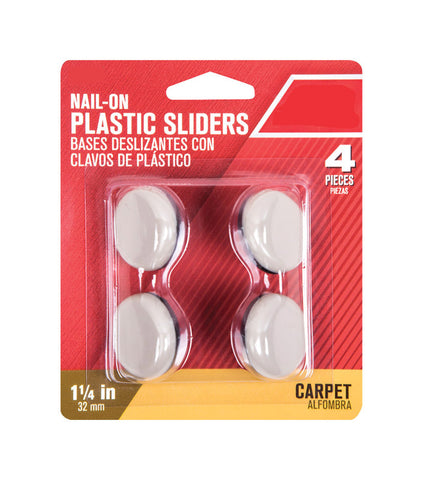 Nail-On Slide Glide, 1-1/4''W, Plastic, Pack of 4, Off-White, Carpet, Round