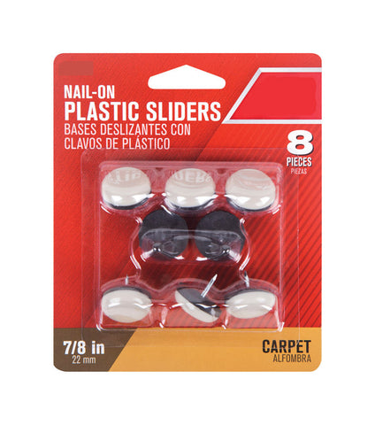 Nail-On Slide Glide, 7/8''W, Plastic, Pack of 8, Off-White, Carpet, Round