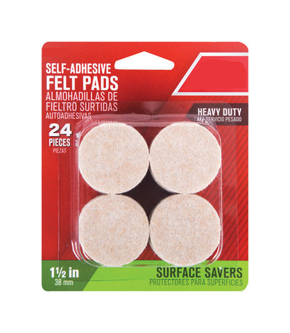 Self Adhesive Pad Round, 1.5''W, Felt, Pack of 24, Brown