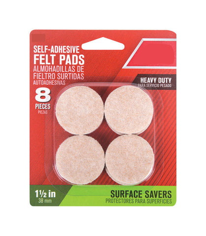 Self Adhesive Pad Round, 1.5''W, Felt, Pack of 8, Brown