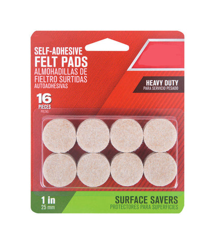 Self Adhesive Pad Round, 1''W, Felt, Pack of 16, Brown