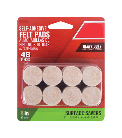 Self Adhesive Pad Round, 1''W, Felt, Pack of 48, Brown