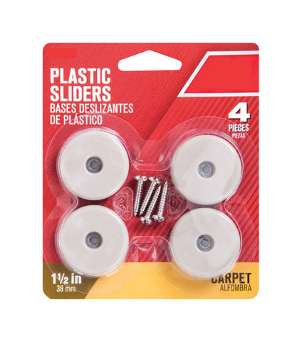 Slide Glide, 1-1/2''W, Plastic, Pack of 4, Off-White, Carpet, Round