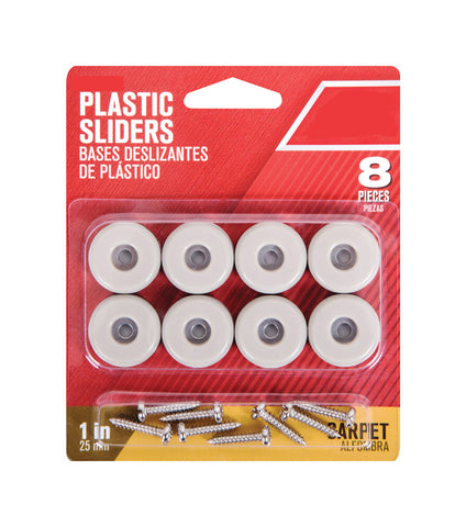 Slide Glide, 1''W, Plastic, Pack of 8, Off-White, Carpet, Round