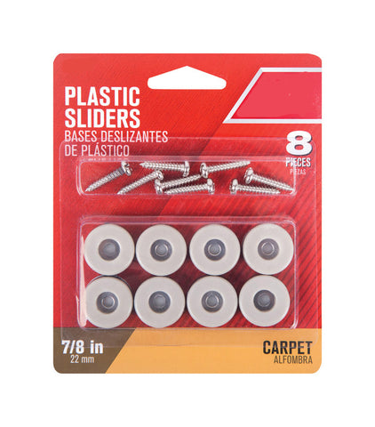 Slide Glide, 7/8''W, Plastic, Pack of 8, Off-White, Carpet, Round