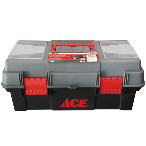 Ace Tool Box with Removable Parts Tray, 19", Plastic, Gray/Black