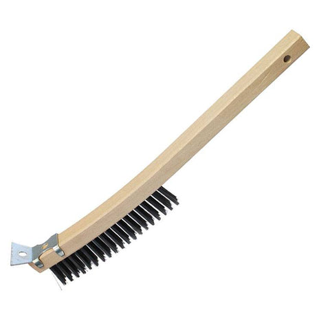 Wire Brush with Scraper, 13'' x 1'', Carbon Steel, Curved Wood Handle