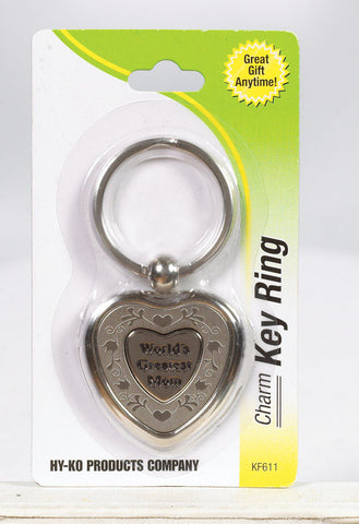 Hy-Ko 2GO Charm Key Ring, Heart 'Greatest Mom', Metal, Silver