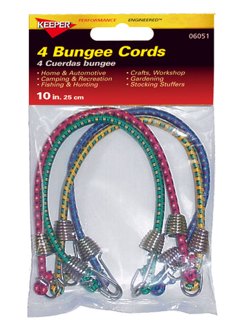 Keeper Bungee Cords, 10'', Pack of 4, Polypropylene