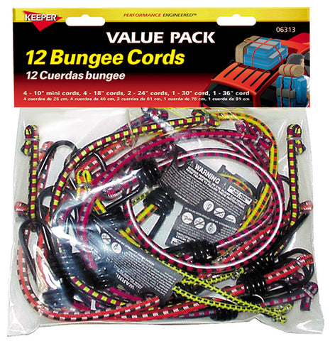 Keeper Bungee Cords, Pack of 12, Polypropylene