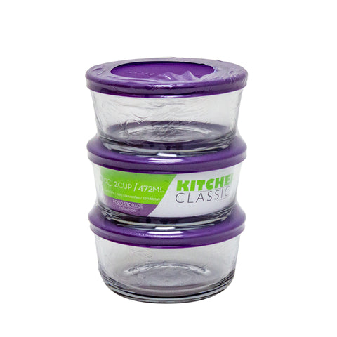 Kitchen Classics Food Storage Container Set, 2 Cups, Round, Pack of 3, Clear/Eggplant