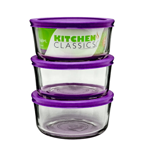 Kitchen Classics Food Storage Container Set, 4 Cups, Round, Pack of 3, Clear/Eggplant