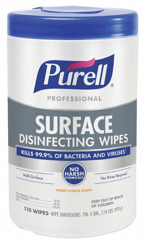 Purell Professional Surface Disinfecting Wipes, Pack of 110, 7' x 8' Wipe, Fresh Citrus Scent