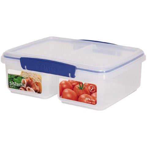 Sistema Food Container with Clips, 2 Ltrs, 2 Compartments, BPA Free, Clear/Blue