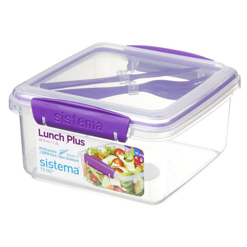 Sistema Food Container with Fork and Knife, 1.2 Ltrs, Square, BPA Free, Clear