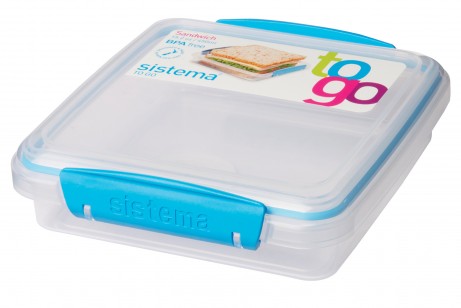 Sistema To Go Sandwich Box with Clip, 450 ML, BPA Free, Microwave Safe, Clear/Light Blue