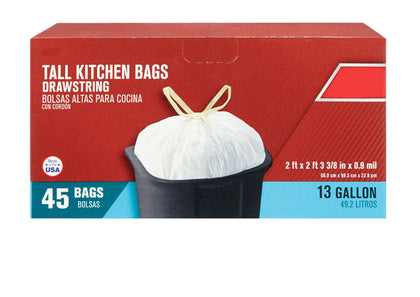 Tall Kitchen Bags, 13 Gallons, Drawstring, Pack of 45, White