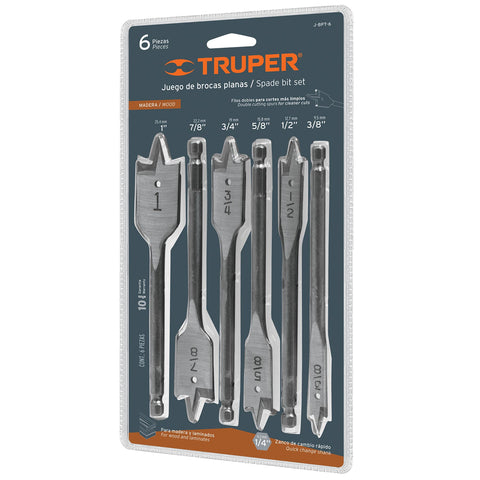 Truper 6 Pcs Spade Drill Bit Set, High Carbon Steel, 3/8', 1/2', 5/8', 3/4', 7/8', 1'