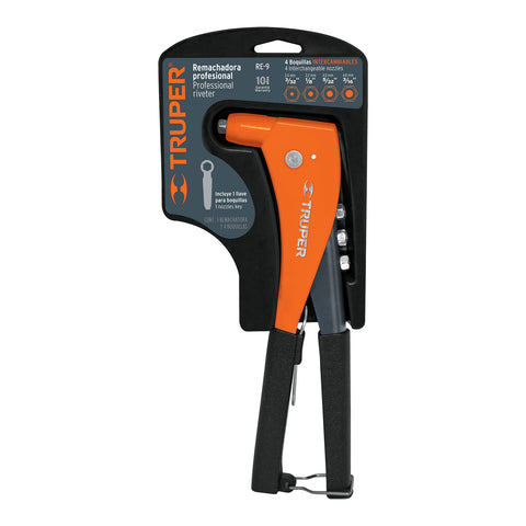Truper 9' Professional Riveter, 4 Interchangeable Nozzles: 3/32', 1/8', 5/32' and 3/16'
