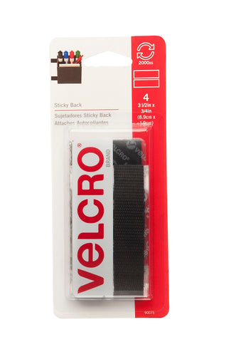 Velcro Sticky Back Strips, 0.75' x 3.5', Pack of 4, Black