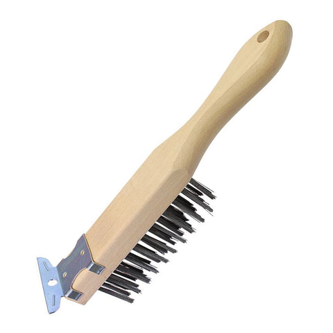 Wire Brush with Scraper, 11'' x 1.5'', Carbon Steel, Curved Wood Handle