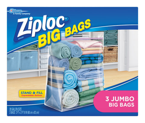 Ziploc Big Bags Storage Bag 20 gal, 2'x2' 8'', Plastic, Clear